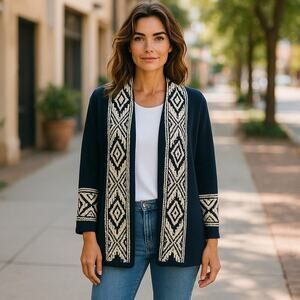 Women’s Polo Ralph Lauren Western Preppy Long Open Cardigan Navy Beige Medium